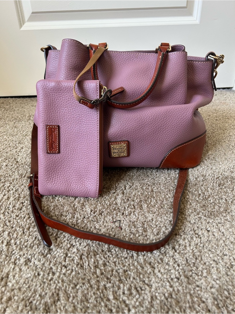 Dooney & Bourke Lilac Pebble Leather Shoulder Bag with Brown Trim